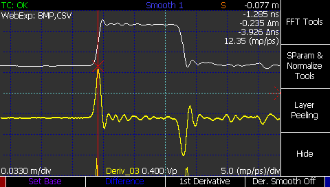 CT100 TDR first derivate waveform emulates pulse TDR and removes baseline from long or lossy cables